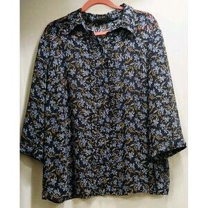 Liz Claiborne Size XXL Sheer Blue Floral Long Sleeve Button Up Shirt Women's EUC